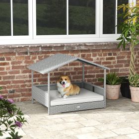 Wicker Dog House Outdoor with Canopy, Rattan Dog Bed with Water-resistant Cushion, Raised Dog Bed for Small, Medium Dogs up to 66 lbs